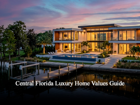 Modern luxury estate in Central Florida featuring contemporary architecture, palm trees, crystal pool, and waterfront views, representing premium real estate in Orlando and Windermere.