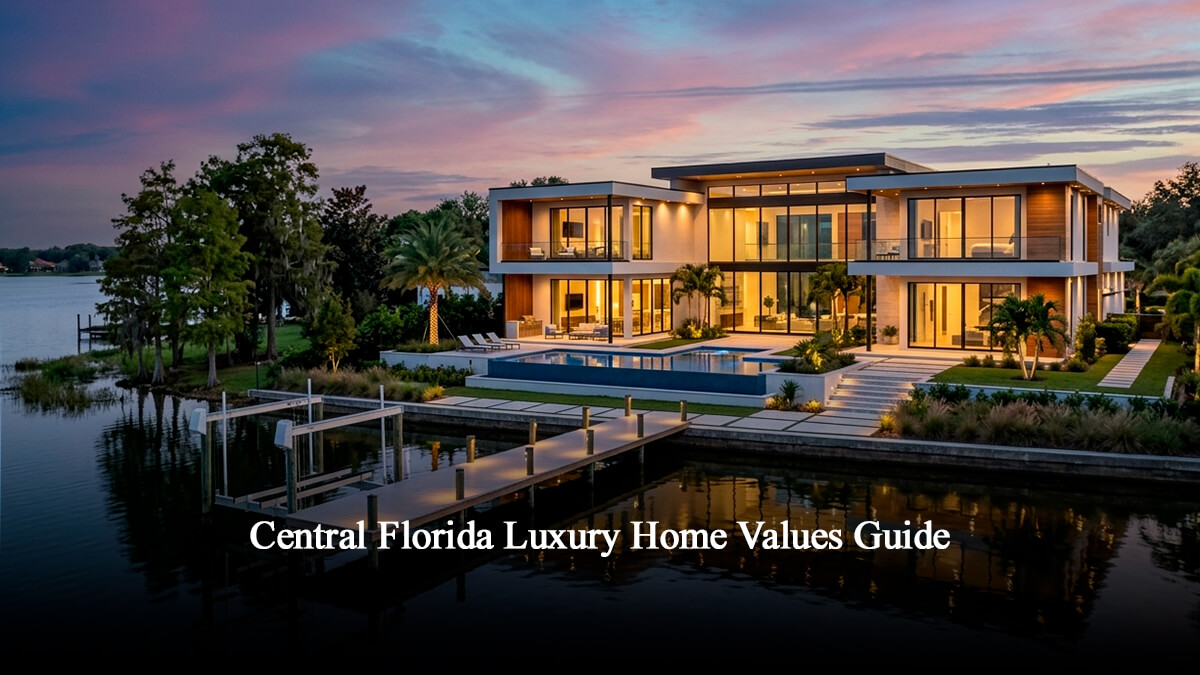 Modern luxury estate in Central Florida featuring contemporary architecture, palm trees, crystal pool, and waterfront views, representing premium real estate in Orlando and Windermere.