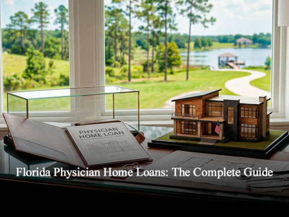 Florida physician home loans concept featuring a medical stethoscope and house architectural plans on a luxury office desk overlooking a scenic Central Florida lake.
