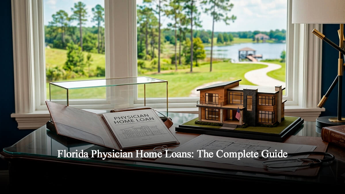 Florida physician home loans concept featuring a medical stethoscope and house architectural plans on a luxury office desk overlooking a scenic Central Florida lake.