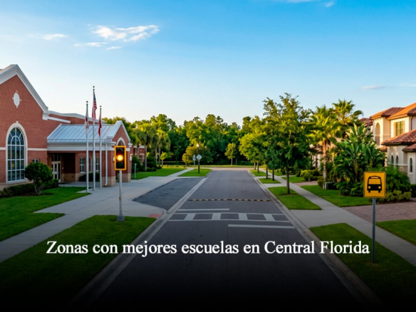 Calle residencial de lujo en Florida Central adyacente a una escuela con señal de zona escolar y palmeras al atardecer.