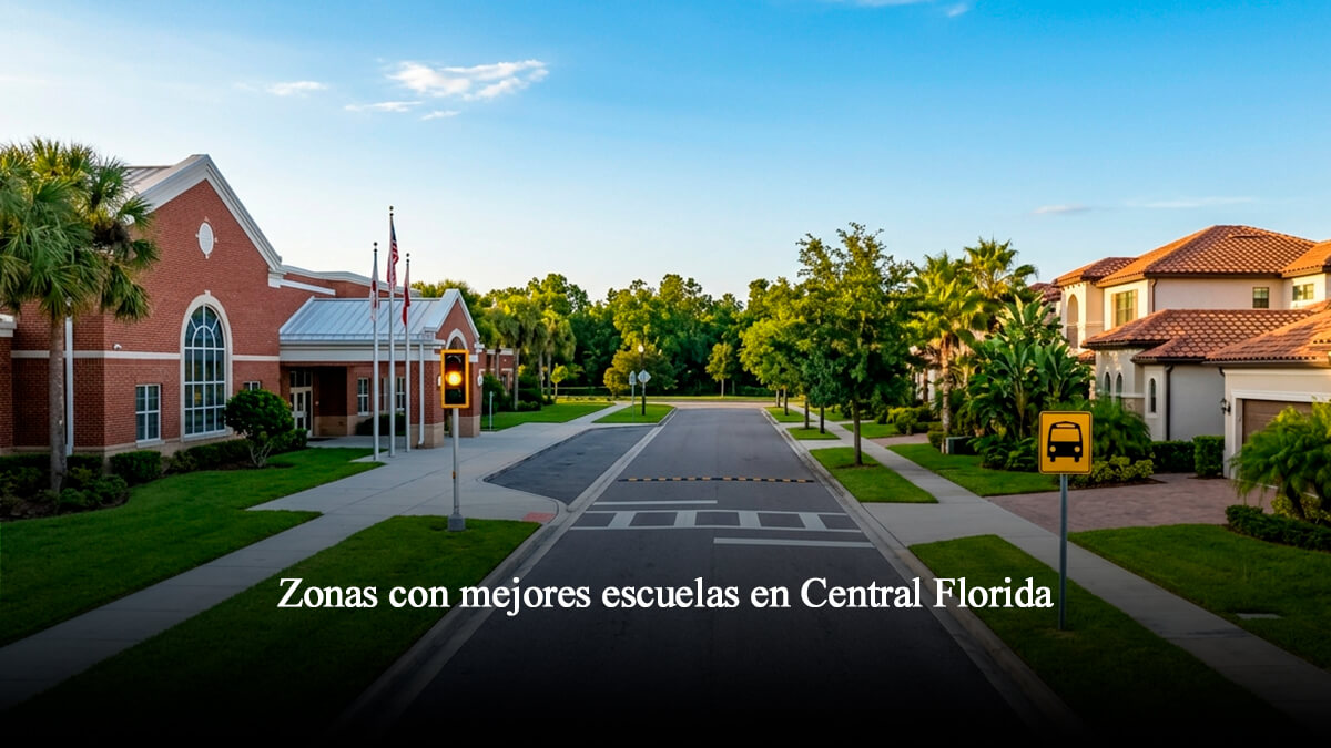 Calle residencial de lujo en Florida Central adyacente a una escuela con señal de zona escolar y palmeras al atardecer.