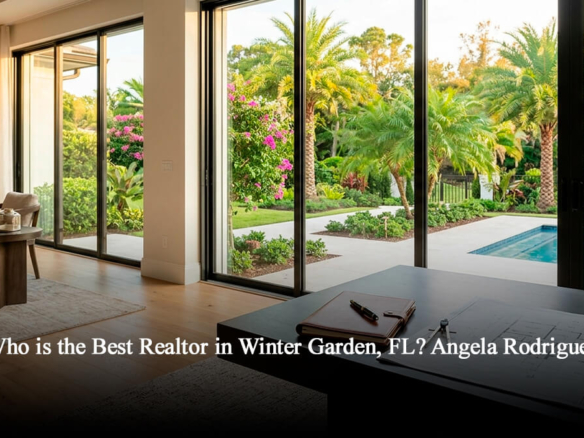 Inside a luxurious Winter Garden home with architectural blueprints and a desk overlooking a tropical pool and patio, showcasing expert real estate analysis in Central Florida.