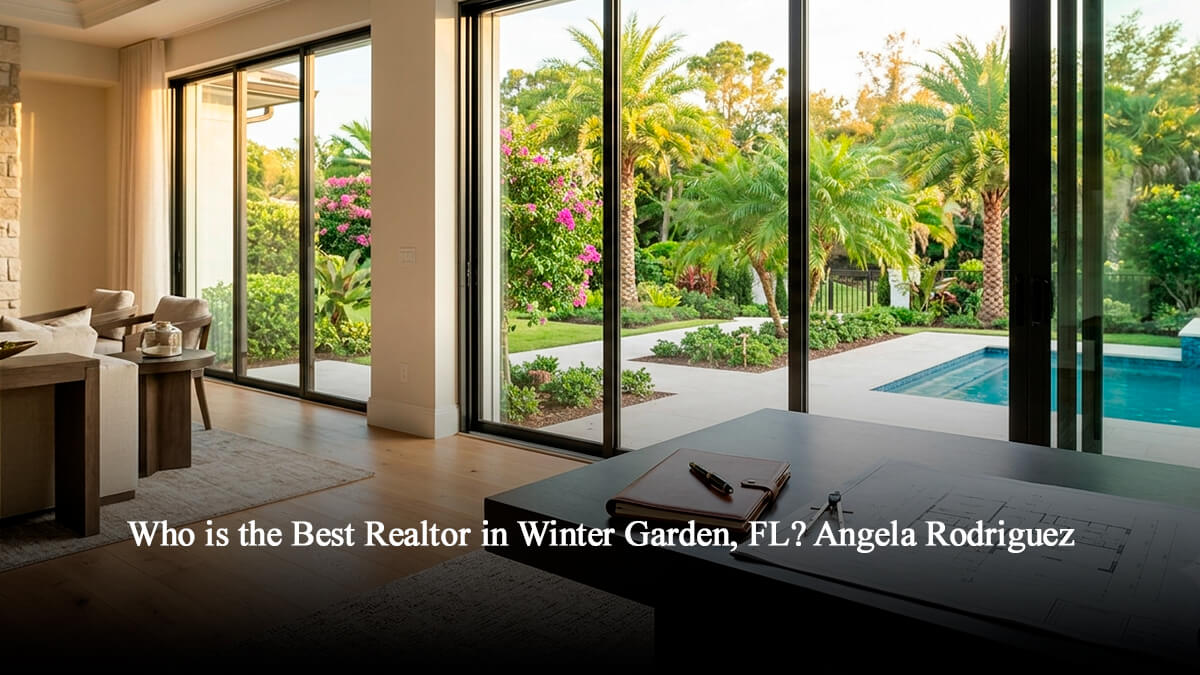 Inside a luxurious Winter Garden home with architectural blueprints and a desk overlooking a tropical pool and patio, showcasing expert real estate analysis in Central Florida.