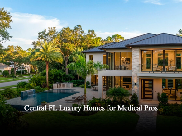 Modern luxury two-story estate in Central Florida featuring a custom pool, lush tropical landscaping, and contemporary architectural design during a sunny day.