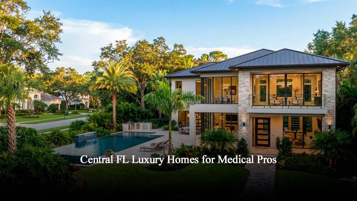 Modern luxury two-story estate in Central Florida featuring a custom pool, lush tropical landscaping, and contemporary architectural design during a sunny day.