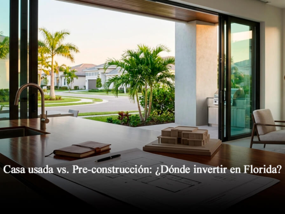 Planos de arquitectura y maqueta de casa en preconstrucción sobre isla de cocina de lujo en vivienda en Florida Central