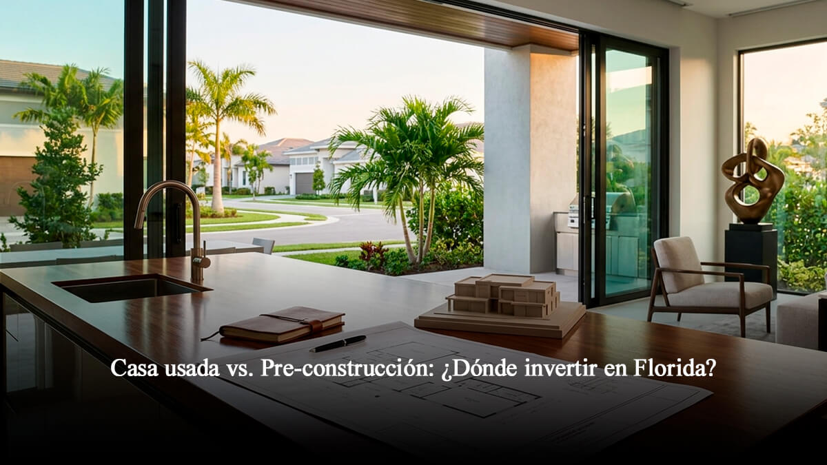 Planos de arquitectura y maqueta de casa en preconstrucción sobre isla de cocina de lujo en vivienda en Florida Central