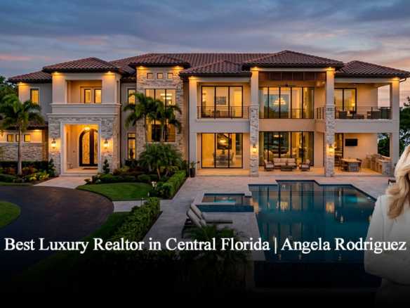 Luxury mansion in Central Florida with an infinity pool overlooking the lake at sunset, ideal for Angela Rodriguez's blog, Luxury Realtor.