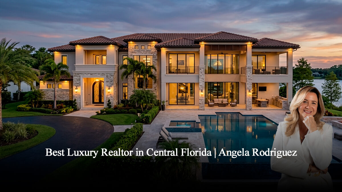 Luxury mansion in Central Florida with an infinity pool overlooking the lake at sunset, ideal for Angela Rodriguez's blog, Luxury Realtor.