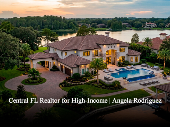 Aerial view of a luxury waterfront estate in Windermere, Central Florida, featuring a custom swimming pool, private boat dock, and Mediterranean architecture at sunset.