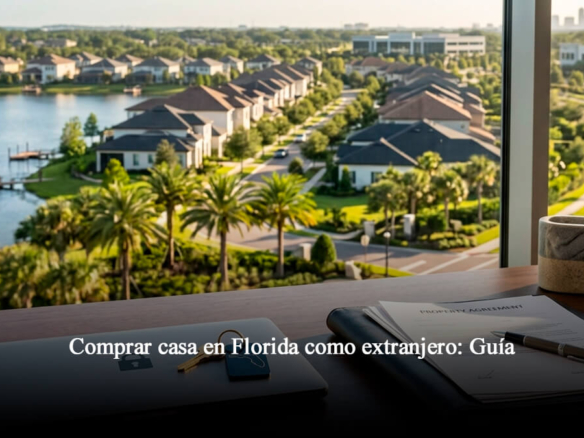 Escritorio de oficina con contrato de bienes raíces y llaves frente a vista de comunidad residencial en Florida Central para compradores extranjeros.