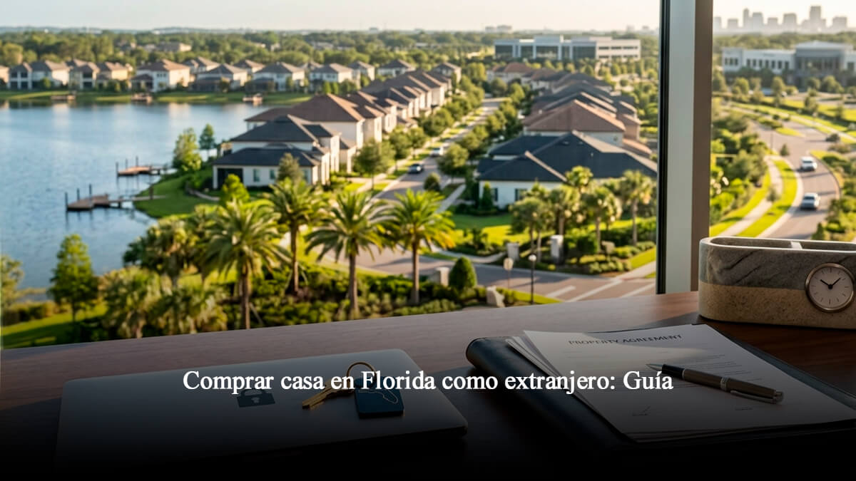 Escritorio de oficina con contrato de bienes raíces y llaves frente a vista de comunidad residencial en Florida Central para compradores extranjeros.