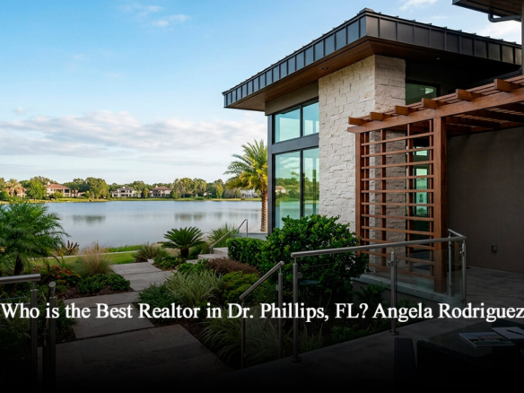 A lakeside luxury home in Dr. Phillips, Florida, featured as a professional infographic. Floating call-outs with icons and lines highlight features like "CIVIL ENGINEERING PRECISION" near the structure, "CIPS" (Certified International Property Specialist) and "HARVARD-TRAINED NEGOTIATION" near the lake, and "PROPERTY EVALUATION DATA" and "RESIDENTIAL APPRAISAL INSIGHT" over the patio. A modern stone and wood building is framed by lush landscaping and a scenic view of a clean lake under a blue sky, reflecting luxury real estate expertise.