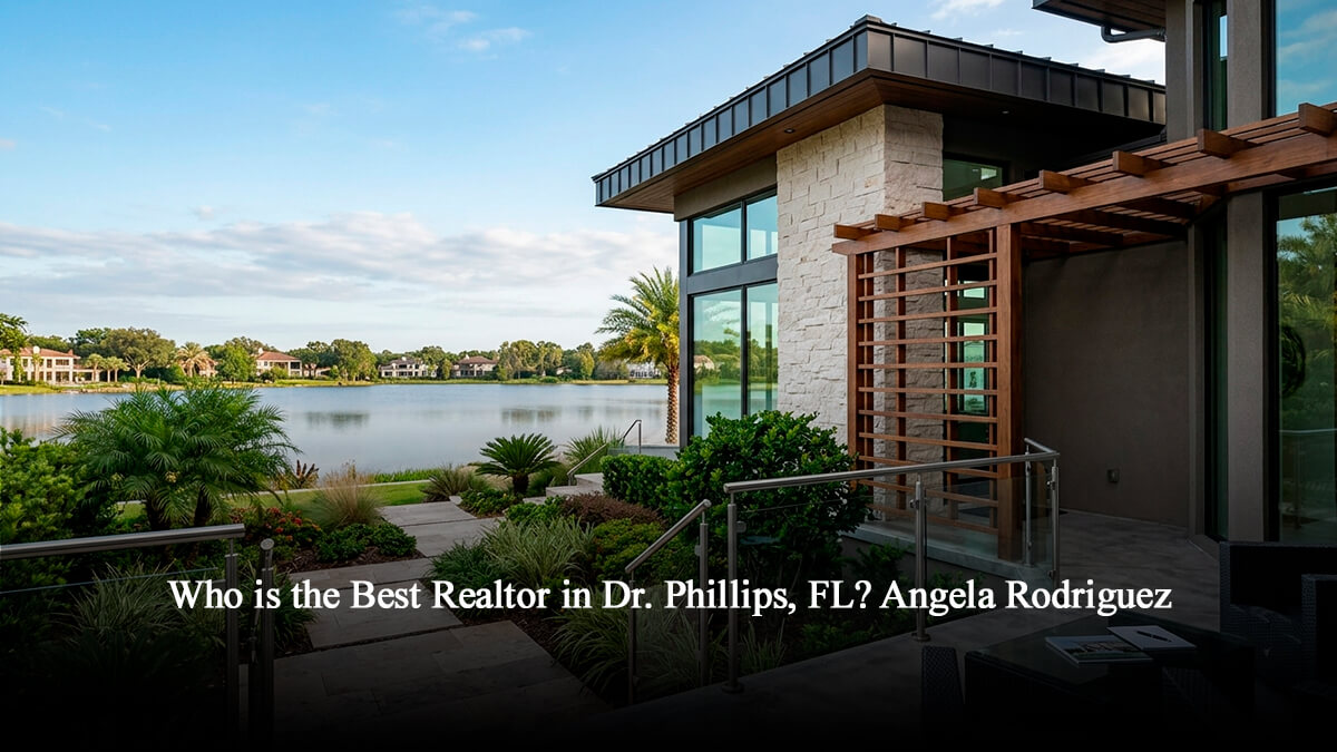 A lakeside luxury home in Dr. Phillips, Florida, featured as a professional infographic. Floating call-outs with icons and lines highlight features like "CIVIL ENGINEERING PRECISION" near the structure, "CIPS" (Certified International Property Specialist) and "HARVARD-TRAINED NEGOTIATION" near the lake, and "PROPERTY EVALUATION DATA" and "RESIDENTIAL APPRAISAL INSIGHT" over the patio. A modern stone and wood building is framed by lush landscaping and a scenic view of a clean lake under a blue sky, reflecting luxury real estate expertise.
