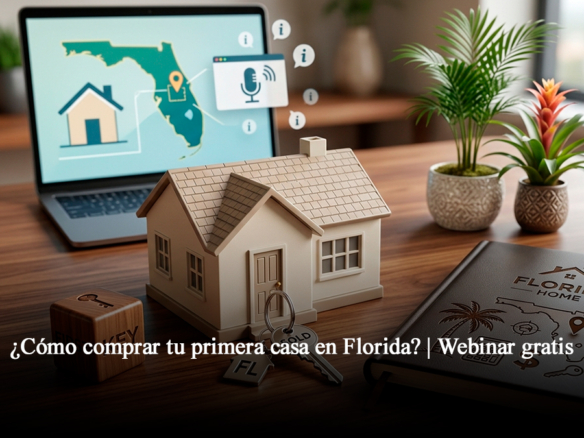 Maqueta de casa moderna con llaves, laptop mostrando mapa de Florida Central y agenda sobre escritorio elegante para webinar de primeros compradores de vivienda.