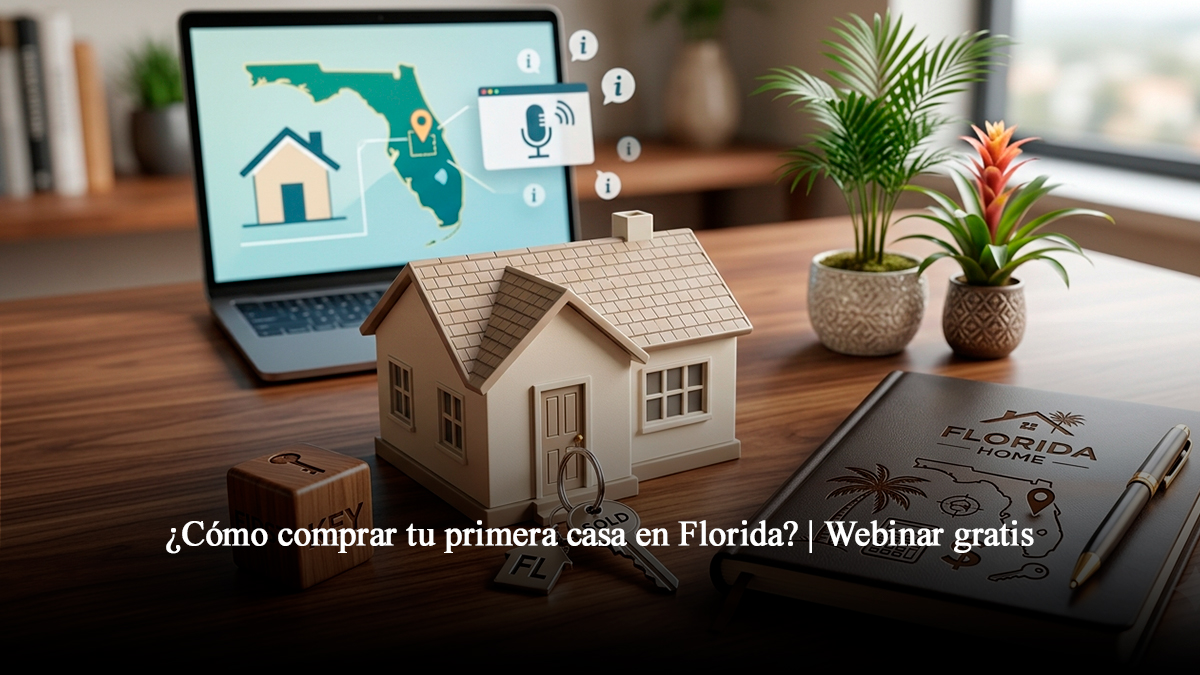 Maqueta de casa moderna con llaves, laptop mostrando mapa de Florida Central y agenda sobre escritorio elegante para webinar de primeros compradores de vivienda.