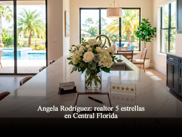 Interior elegante de una casa moderna de lujo en Central Florida con vista a la piscina, palmeras y una cocina de mármol con detalles de Realtor 5 estrellas.