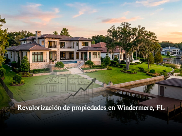 Mansión de lujo frente al lago en Windermere Florida con plano de ingeniería y gráfica de revalorización inmobiliaria.