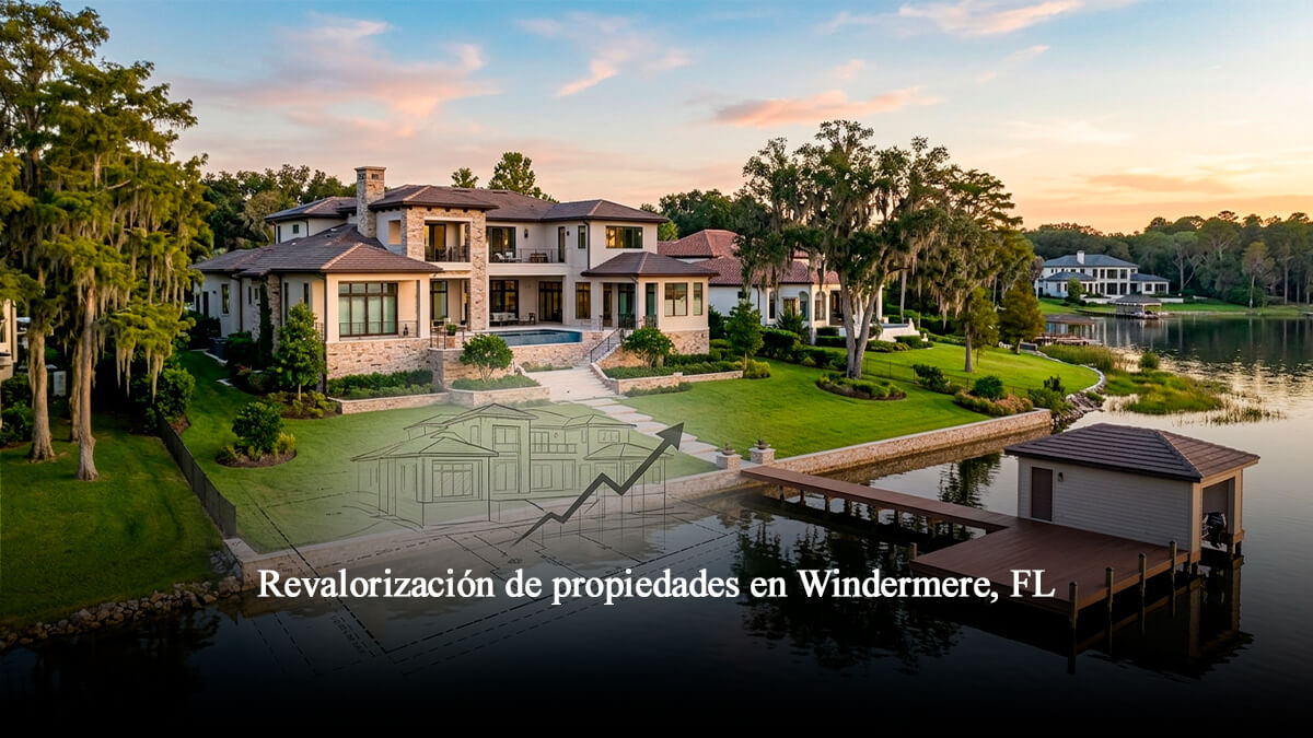 Mansión de lujo frente al lago en Windermere Florida con plano de ingeniería y gráfica de revalorización inmobiliaria.