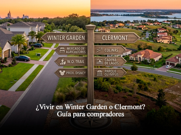 Vista aérea al atardecer comparando vecindarios residenciales de Winter Garden y Clermont en Florida Central.