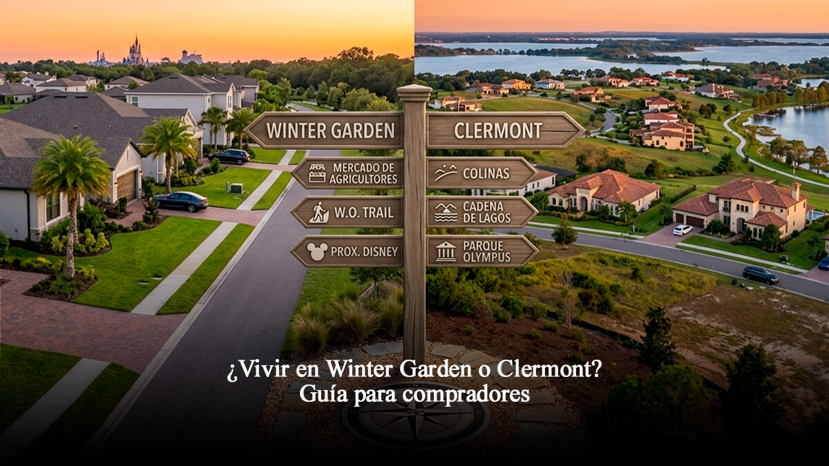 Vista aérea al atardecer comparando vecindarios residenciales de Winter Garden y Clermont en Florida Central.