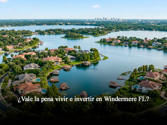Vista aérea de mansiones de lujo con muelles privados en la Cadena de Lagos Butler en Windermere Florida Central.