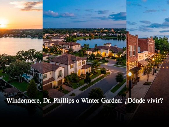 Tríptico inmobiliario de Florida Central mostrando el atardecer en los lagos de Windermere, las residencias exclusivas de Dr. Phillips y el centro histórico de Winter Garden.