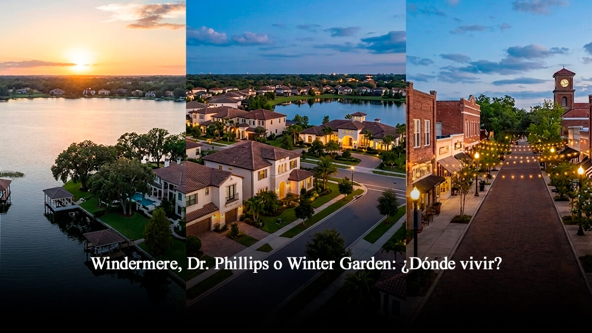 Tríptico inmobiliario de Florida Central mostrando el atardecer en los lagos de Windermere, las residencias exclusivas de Dr. Phillips y el centro histórico de Winter Garden.