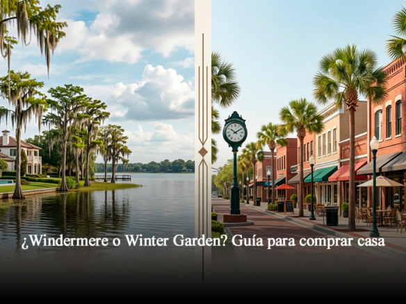 Composición visual dividida que muestra una lujosa casa frente a un lago con árboles de ciprés en Windermere a la izquierda, y la pintoresca calle comercial peatonal con un reloj clásico en el centro histórico de Winter Garden a la derecha, representando opciones de bienes raíces.