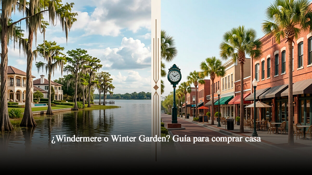 Composición visual dividida que muestra una lujosa casa frente a un lago con árboles de ciprés en Windermere a la izquierda, y la pintoresca calle comercial peatonal con un reloj clásico en el centro histórico de Winter Garden a la derecha, representando opciones de bienes raíces.