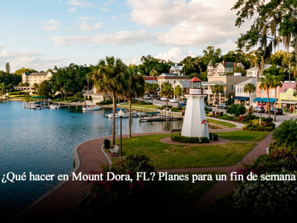 Vista panorámica del faro de Mount Dora en el lago Dora, Florida, rodeado de áreas verdes y el centro histórico de la ciudad.