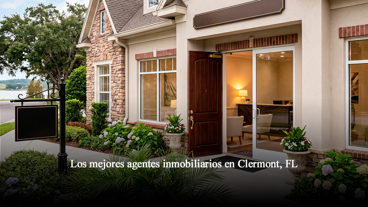 Oficina inmobiliaria de lujo cerca de un lago en Clermont, Florida, rodeada de vegetación y sin texto en los carteles.