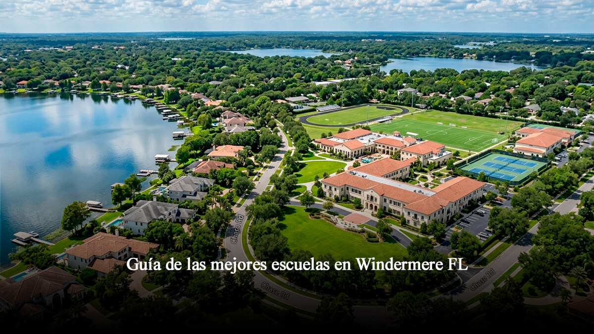Vista aérea de campus educativo y comunidad residencial en Windermere Florida