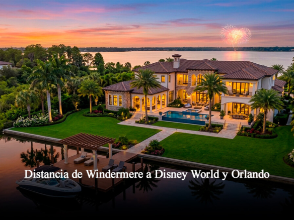 Mansión de lujo a orillas del lago en Windermere Florida al atardecer con fuegos artificiales de Disney World en el horizonte.