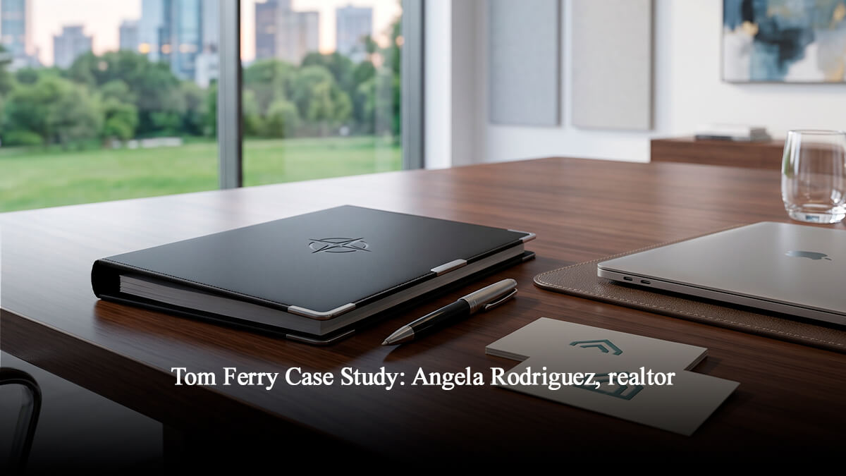 Escritorio de oficina inmobiliaria de lujo con portafolio, laptop y vista a la ciudad para caso de estudio de bienes raíces. Opción 2 (Breve): Caso de estudio sobre éxito en bienes raíces de la agente inmobiliaria Angela Rodriguez.