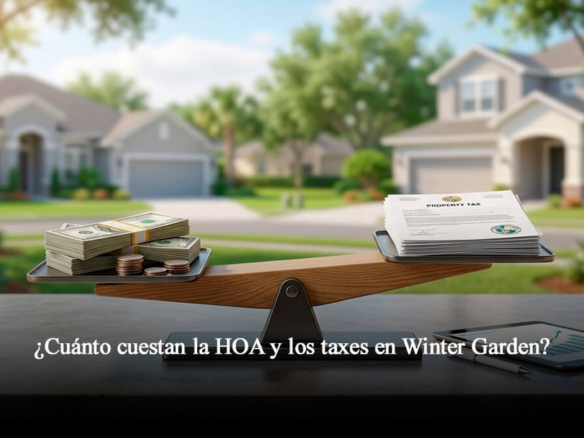 Una balanza equilibrando fajos de dólares y monedas contra documentos oficiales de "Property Tax", con un vecindario residencial de Winter Garden Florida al fondo.