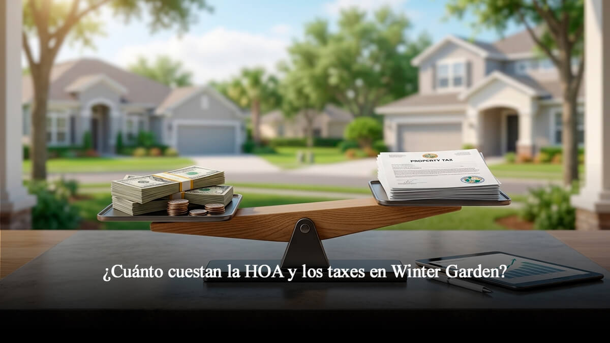 Una balanza equilibrando fajos de dólares y monedas contra documentos oficiales de "Property Tax", con un vecindario residencial de Winter Garden Florida al fondo.