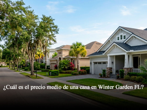 Calle residencial en Winter Garden, Florida, con casas unifamiliares modernas, palmeras y robles con musgo español.