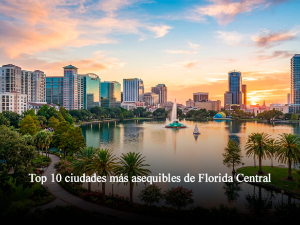 Panorama urbano de Florida Central al atardecer junto a un lago rodeado de palmeras, ideal para el blog de las ciudades más asequibles de Florida Central.