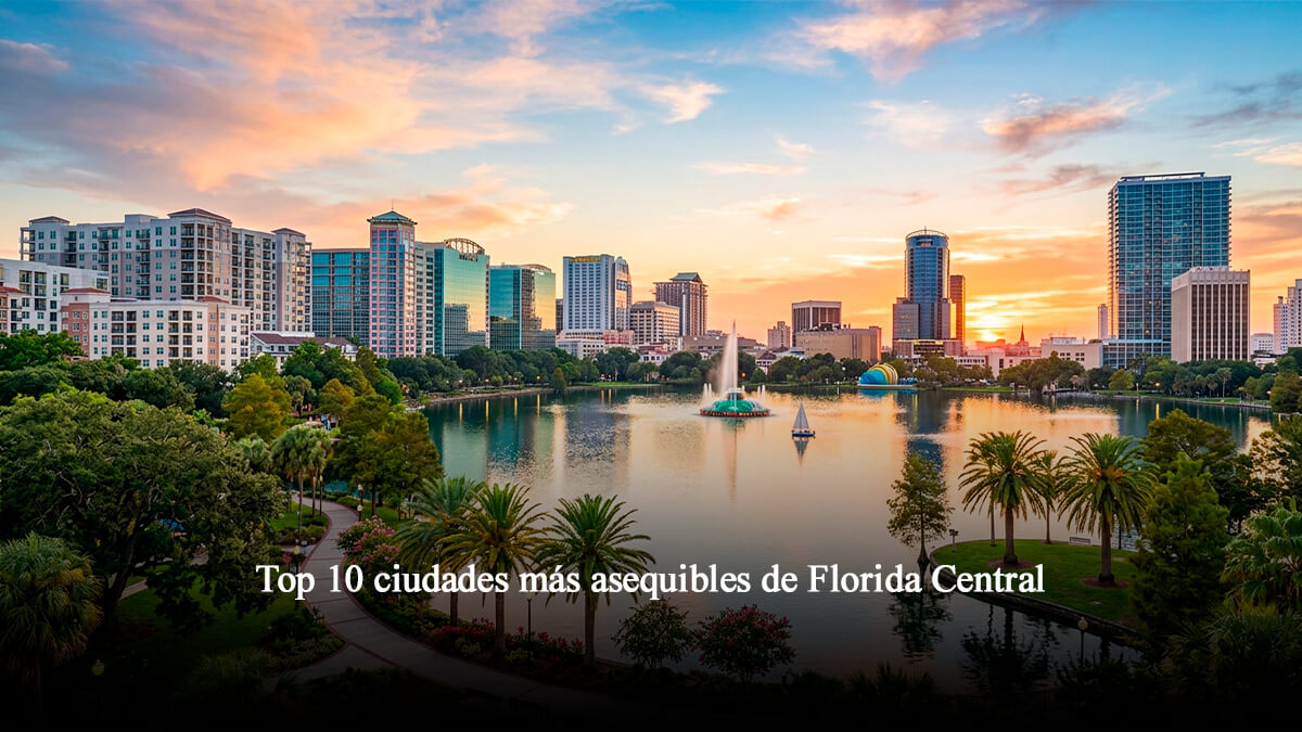 Panorama urbano de Florida Central al atardecer junto a un lago rodeado de palmeras, ideal para el blog de las ciudades más asequibles de Florida Central.
