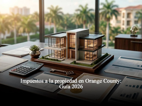 Maqueta de casa moderna de lujo sobre escritorio de oficina ejecutiva con calculadora, llave y documentos financieros de análisis de impuestos sobre la propiedad en Orange County, Florida.