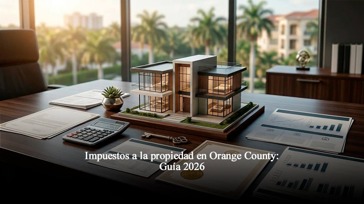 Maqueta de casa moderna de lujo sobre escritorio de oficina ejecutiva con calculadora, llave y documentos financieros de análisis de impuestos sobre la propiedad en Orange County, Florida.
