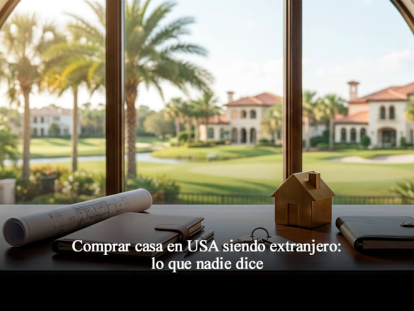 Escritorio ejecutivo de bienes raíces con planos de arquitectura, llaves y modelo de casa frente a ventana con vista a comunidad residencial en Orlando Florida Central.