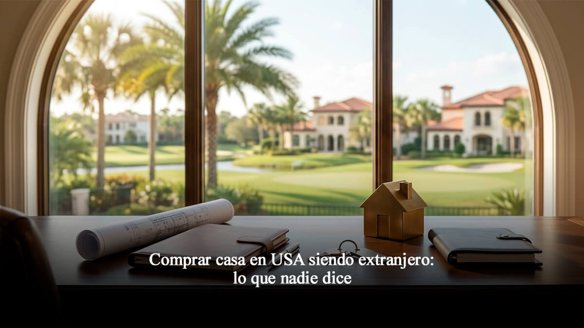 Escritorio ejecutivo de bienes raíces con planos de arquitectura, llaves y modelo de casa frente a ventana con vista a comunidad residencial en Orlando Florida Central.