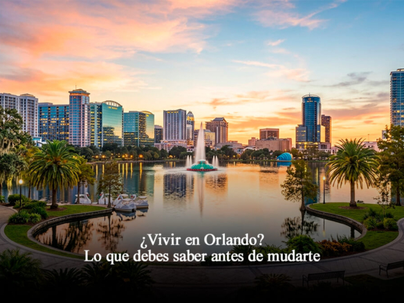 Panorama urbano de Orlando al atardecer junto a un lago en Florida Central, ideal para guía sobre vivir en Orlando.