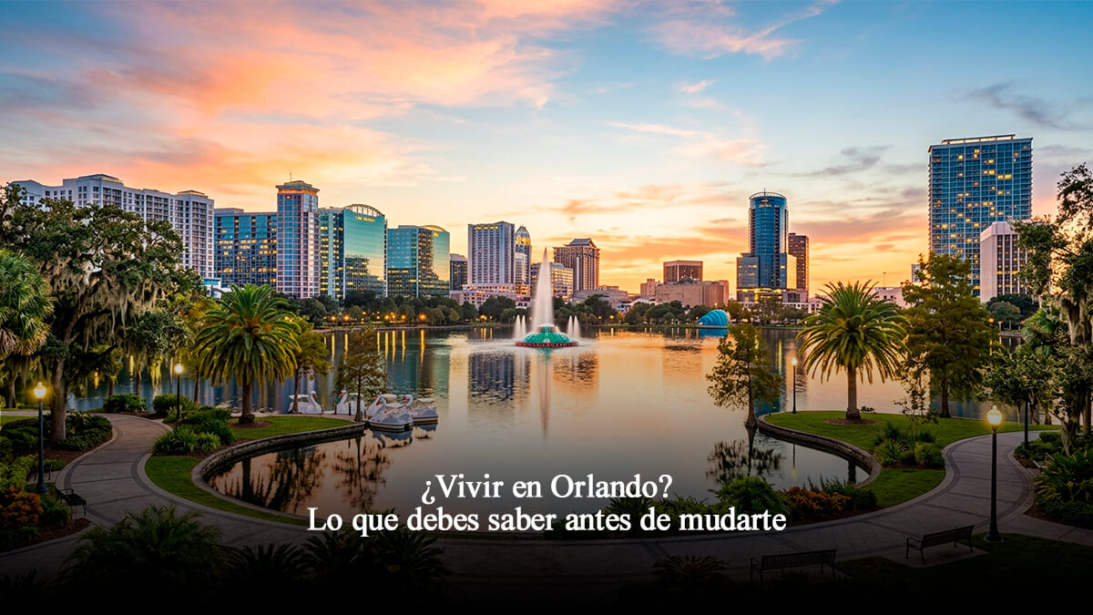 Panorama urbano de Orlando al atardecer junto a un lago en Florida Central, ideal para guía sobre vivir en Orlando.