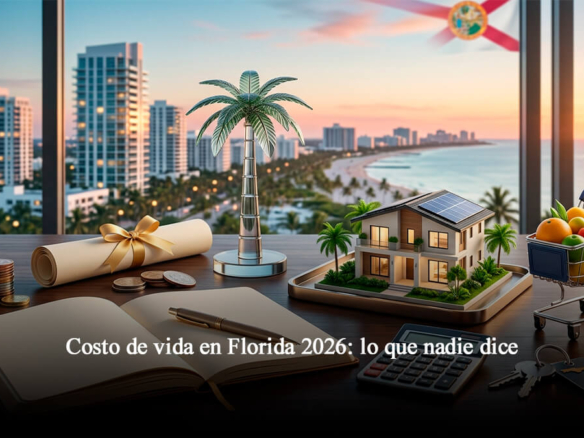 Escritorio de oficina con calculadora, libreta de gastos, maqueta de casa moderna, carrito de compras y vista panorámica a la costa de Florida al atardecer, representando el costo de vida en Florida 2026.