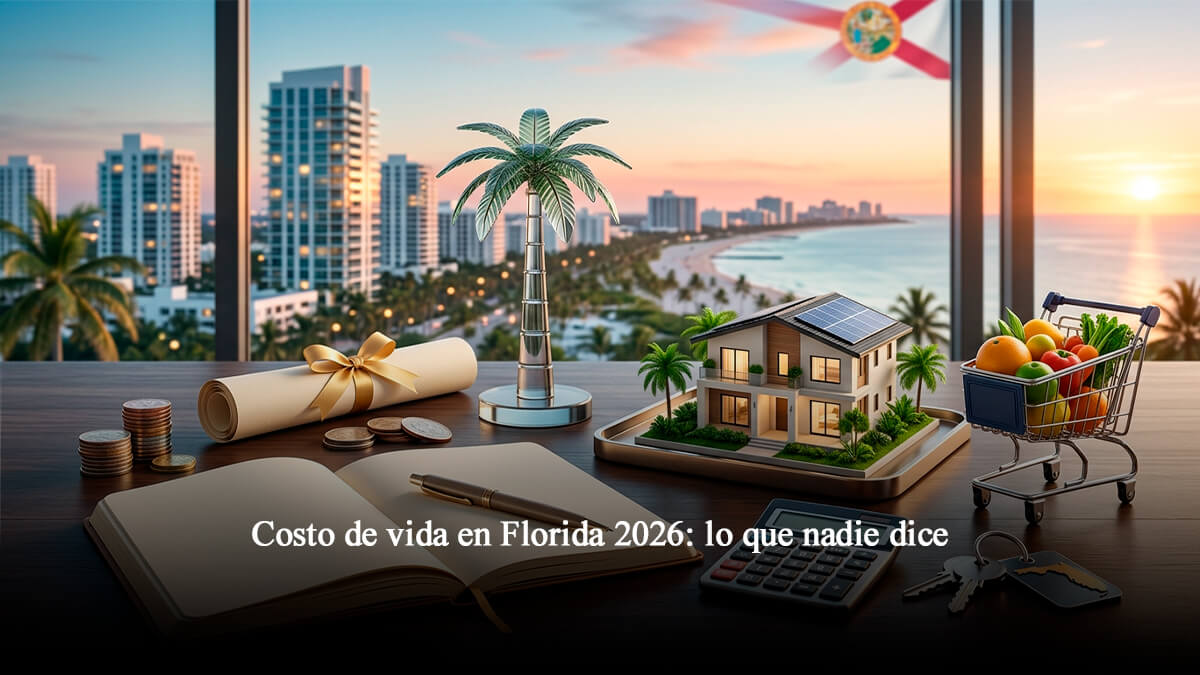 Escritorio de oficina con calculadora, libreta de gastos, maqueta de casa moderna, carrito de compras y vista panorámica a la costa de Florida al atardecer, representando el costo de vida en Florida 2026.