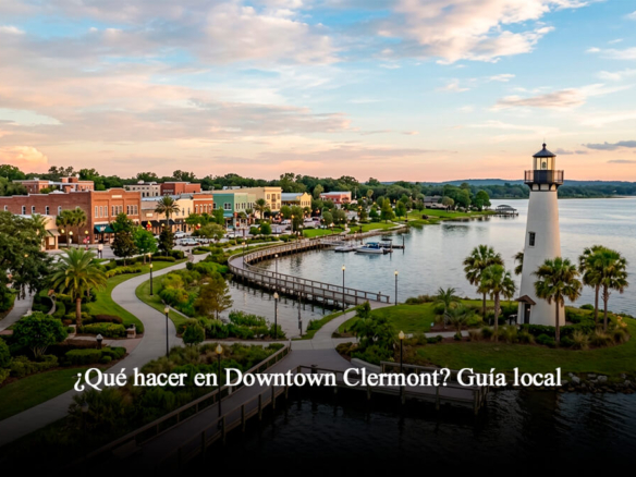 Vista aérea del parque al lado del lago y el centro histórico de Downtown Clermont Florida al atardecer.
